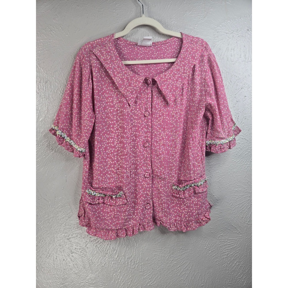 VTG Cottagecore Ditsy Floral Button Up Blouse Top L Pink Peterpan Collar Shirt
